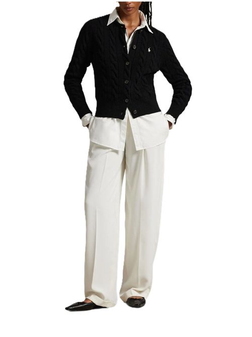 Cardigan girocollo in maglia di lana e cashmere a trecce nero con ricamo Pony Polo Ralph Lauren | 211-972104-005POLO BLACK